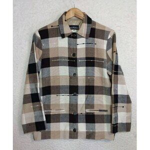 Ana's Fashions Plaid Button-Up Jacket Medium 100% Cotton Beige & Black Checkered